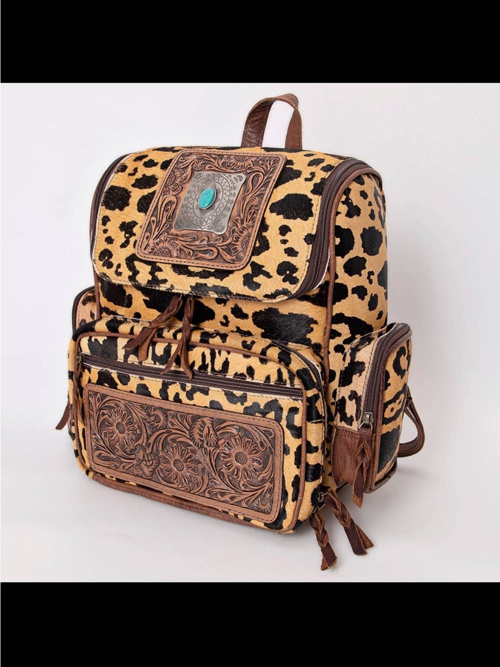 American Darling Leopard-Print Backpack with Brown Leather & Turquoise Accent